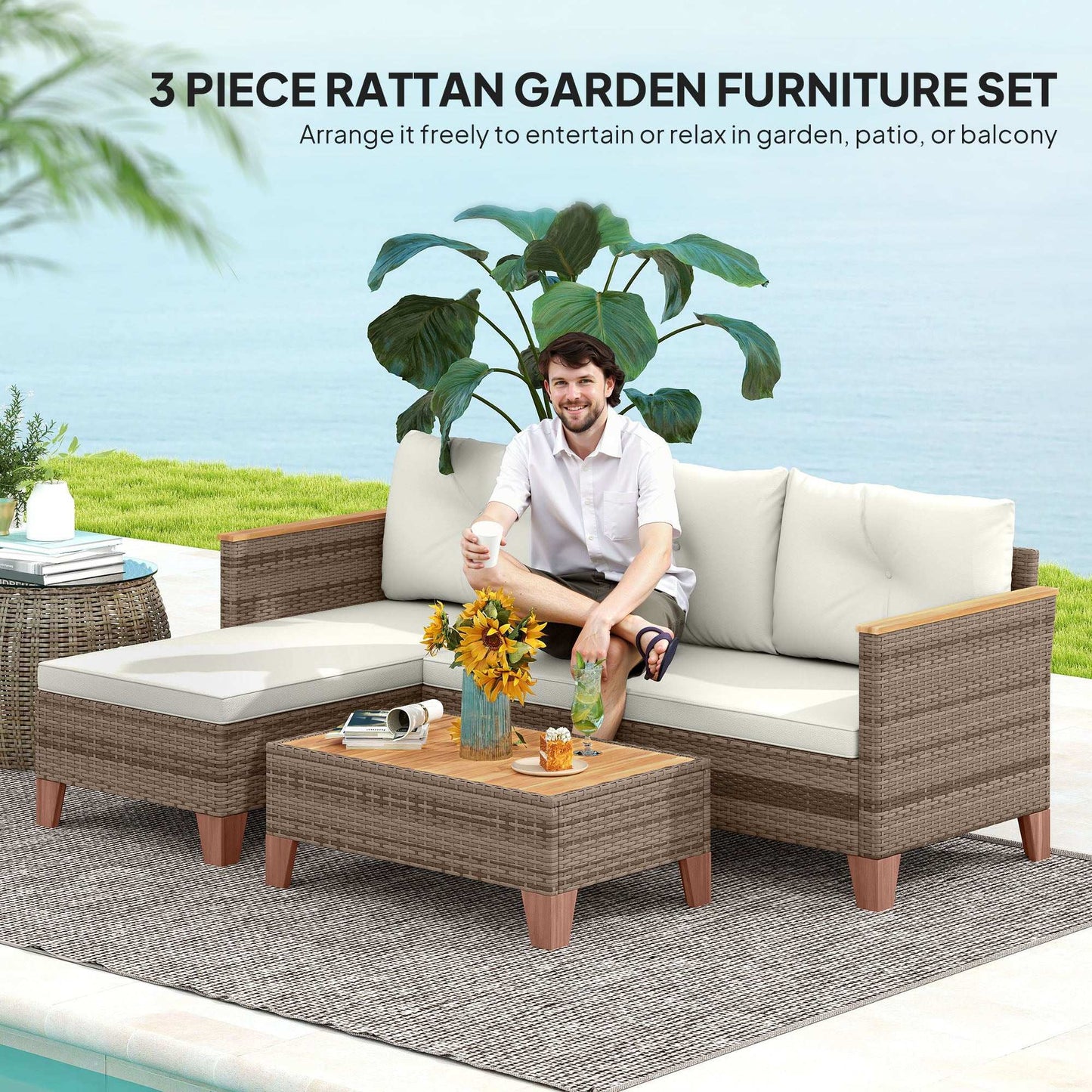3 Pieces Rattan Garden Furniture Set, L Shaped Garden Conversation Chaise Lounge Furniture with Wood Top Coffee Table and Thick Cushions
