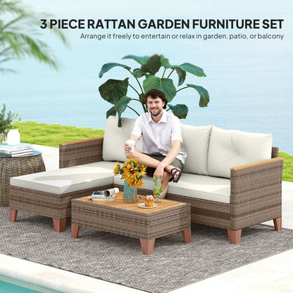 3 Pieces Rattan Garden Furniture Set, L Shaped Garden Conversation Chaise Lounge Furniture with Wood Top Coffee Table and Thick Cushions