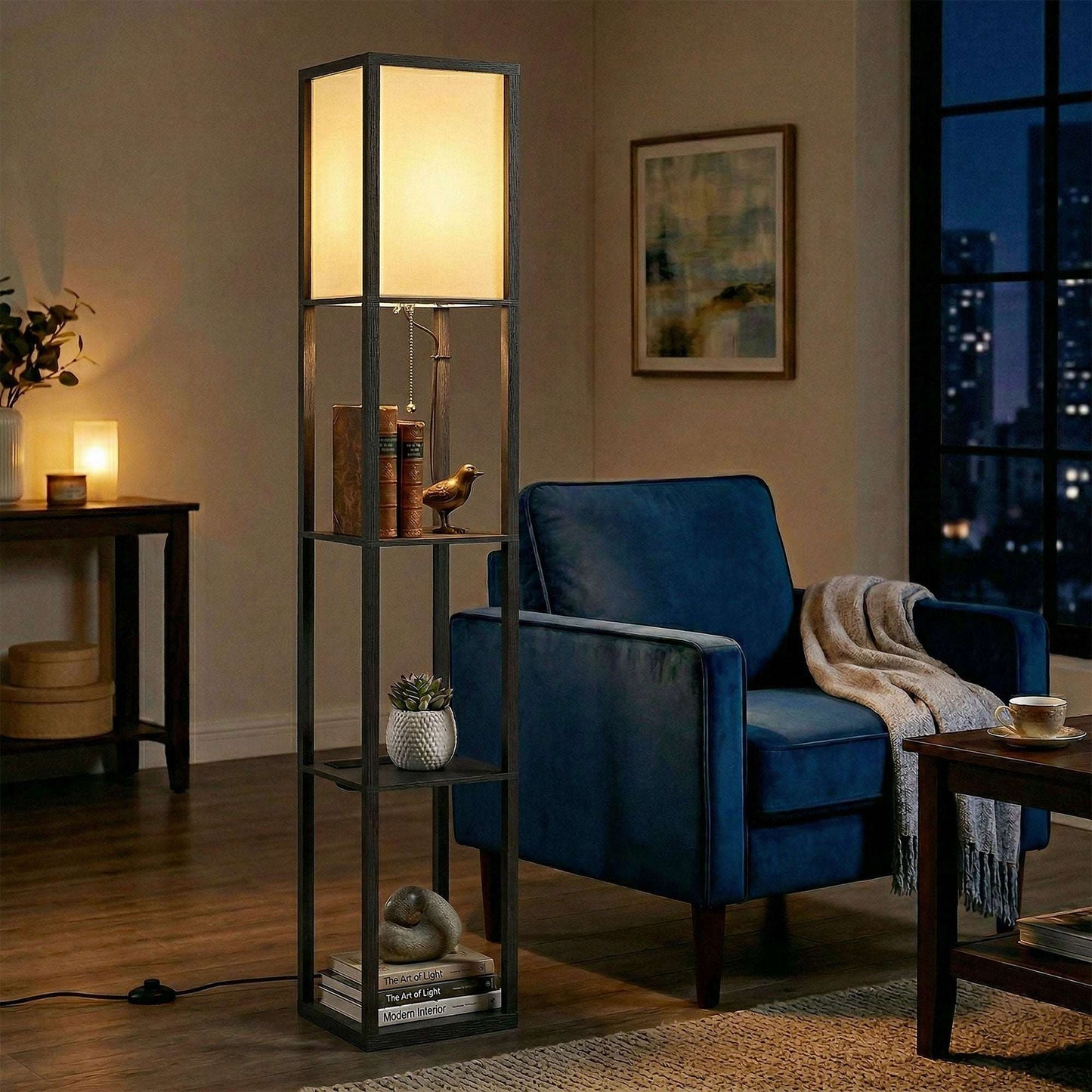 Floor Lamp with 3 Shelves | Column Design | MDF | E27 LED Included | Foot Switch | 160cm | 2.5kg per Tier | Black