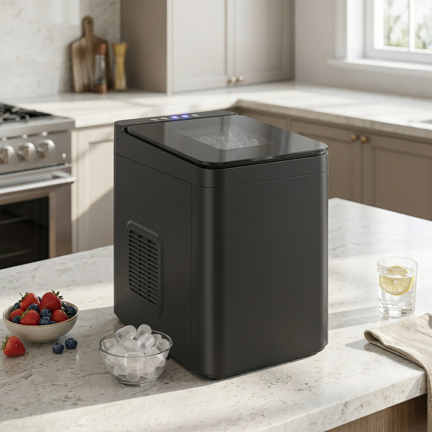 Countertop Ice Maker Machine – 9 Cubes in 7 Mins, 12kg/24hr, 1.5L Tank, Touchscreen, Self-Cleaning, 2 Bullet Sizes, Quiet 46dB – Black