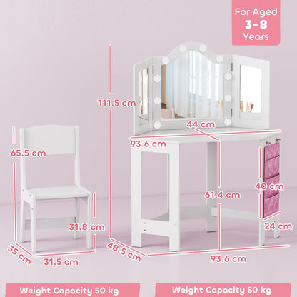 AIYAPLAY Kids Dressing Table and Stool Set, Girls Vanity Table with 2-Colour LED Lights, Tri-Folding Mirror, White