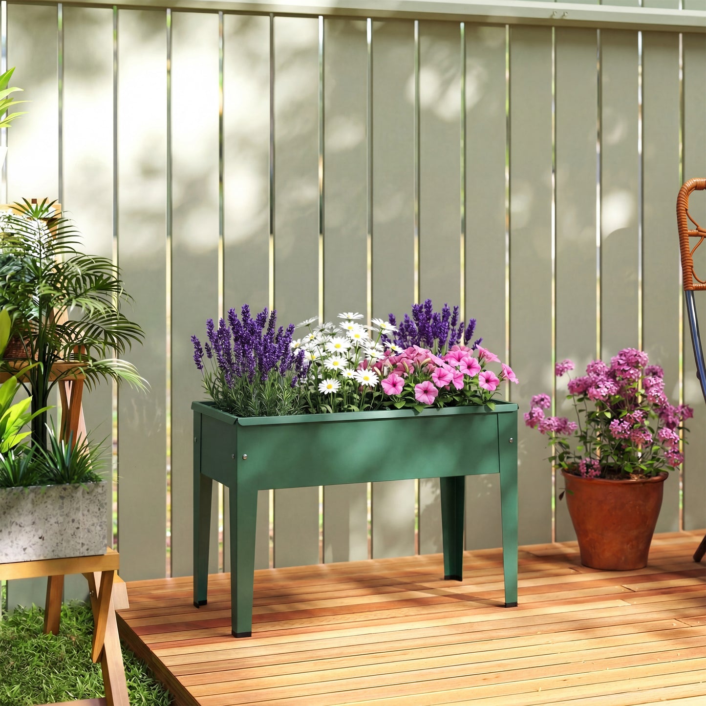 Metal Raised Garden Planter on Legs | Powder-Coated | Drainage Hole | Rubber Feet | 20kg Capacity | 20L Soil | Ideal for Balconies & Patios | 60x27x45cm | Green