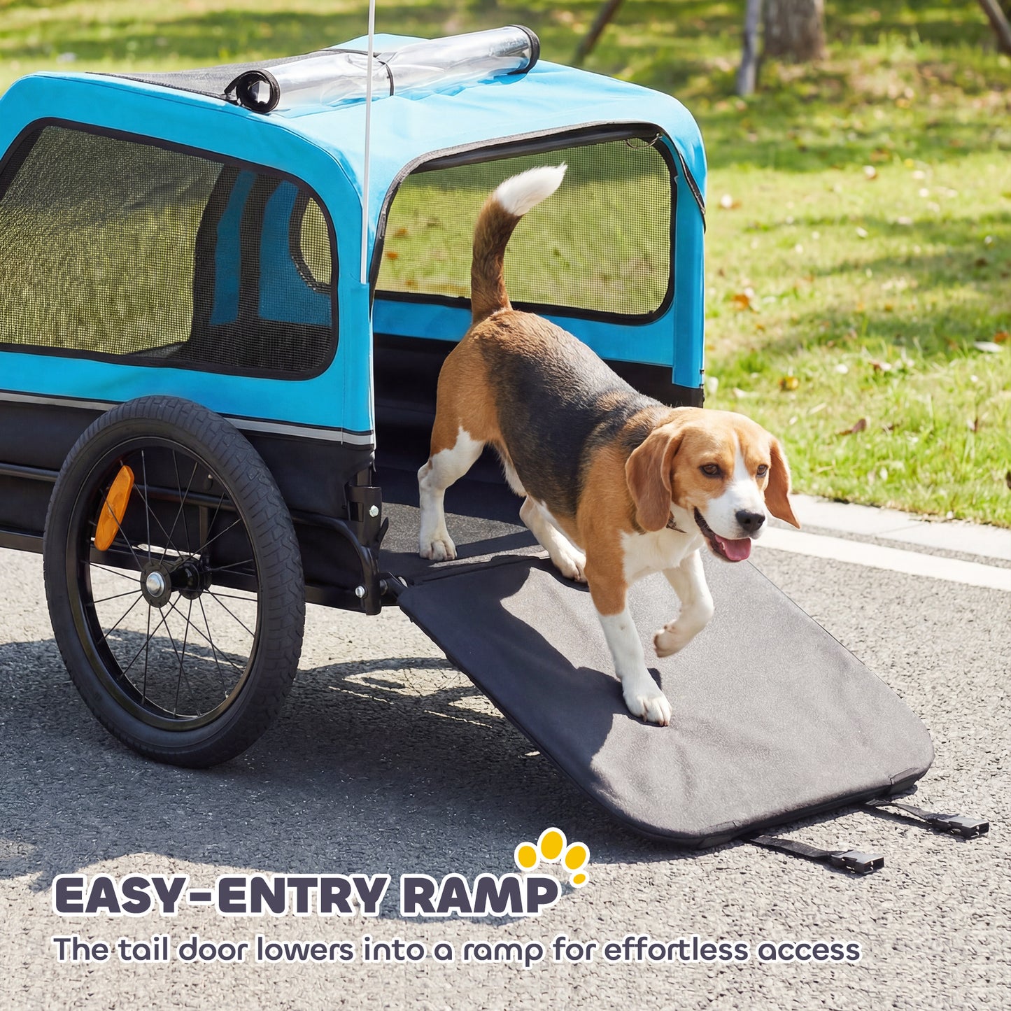 Dog Bike Trailer | Flip-Down Ramp Tailgate | 16" Pneumatic Tyres | Front Door Threshold | Reflectors & Flag | Quick-Release Frame | Dogs up to 20kg | 138 x 69 x 70cm | Blue