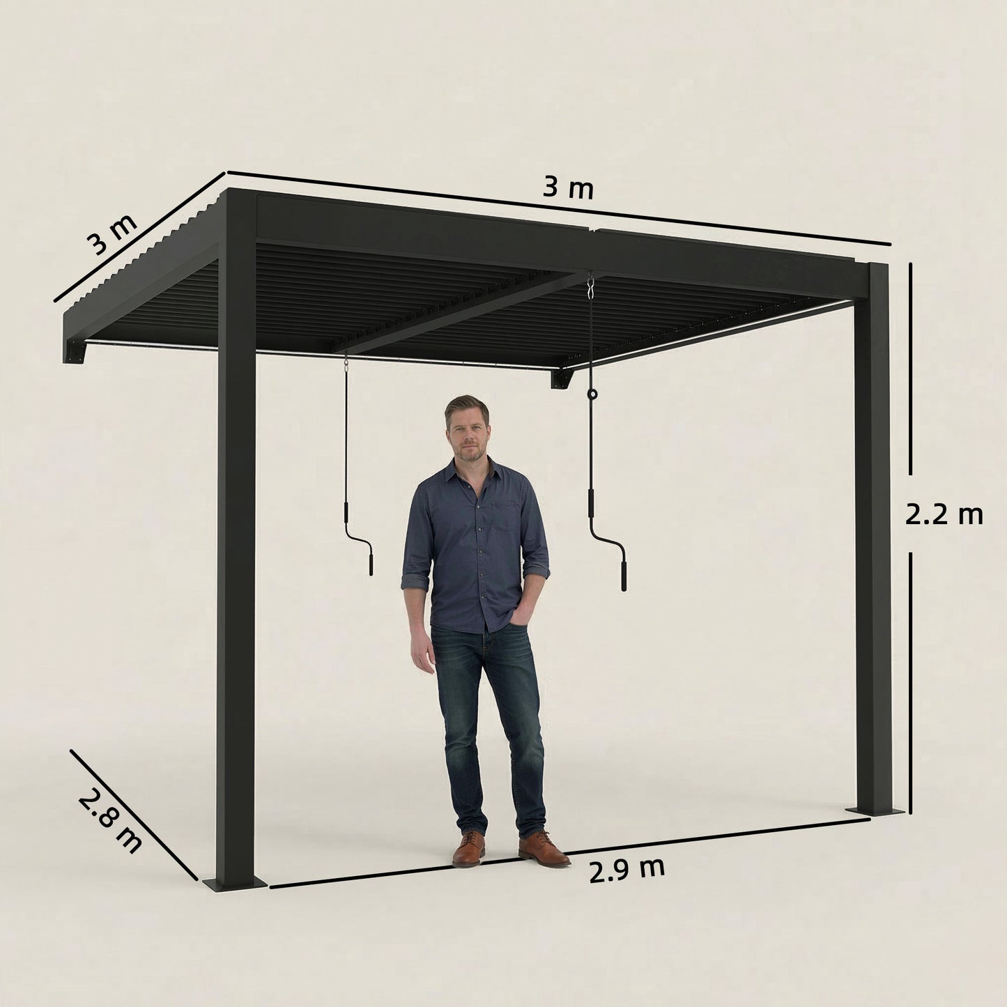 3x3m Wall-Mounted Louvered Pergola | LED Lights | Adjustable Louvres | Drainage | Windproof 7-8 | Dark Grey