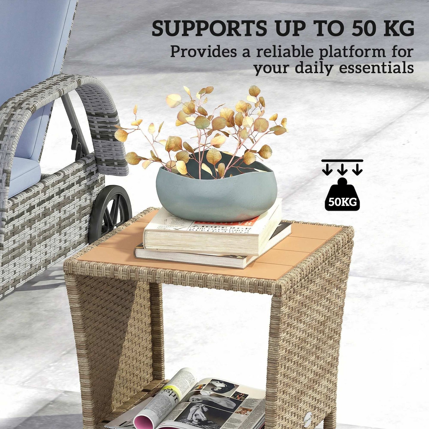 2-Tier Outdoor Rattan Side Table | PS Wood-Plastic Slat Top | PE Wicker | Powder-Coated Frame | UV-Resistant | 50kg | 45x45x43cm | Khaki
