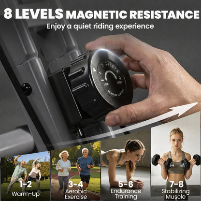 4-in-1 Folding Exercise Bike | Upright & Recumbent | Resistance Bands | Bluetooth App Compatible | 8-Level Magnetic Resistance | 40dB | LCD Display | Folds to 53.5x48x135cm | 120kg | Grey