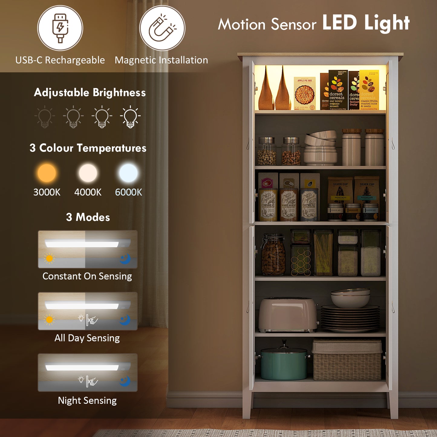 176.5 cm Tall Pantry Cupboard with Motion Sensor LED Light - White