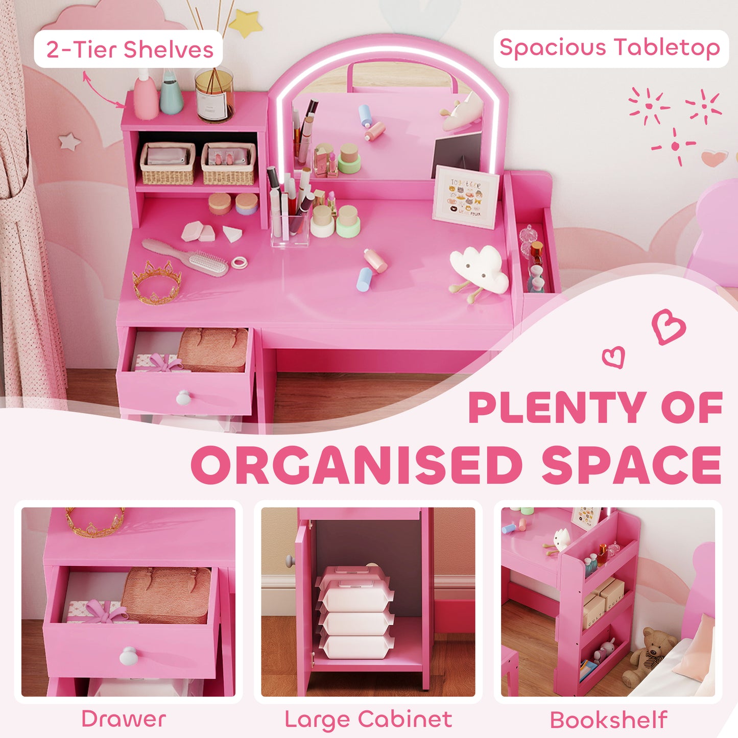 AIYAPLAY Kids Vanity Table and Chair Set, Girls Dressing Table with 2-Colour LED Mirror, Stool, Cabinet, Drawer, Shelves, Pink