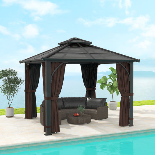 3 x 3(m) Hardtop Gazebo Canopy with 7mm Double Polycarbonate Roof, Garden Permanent Pavilion with Mosquito Netting, Brown