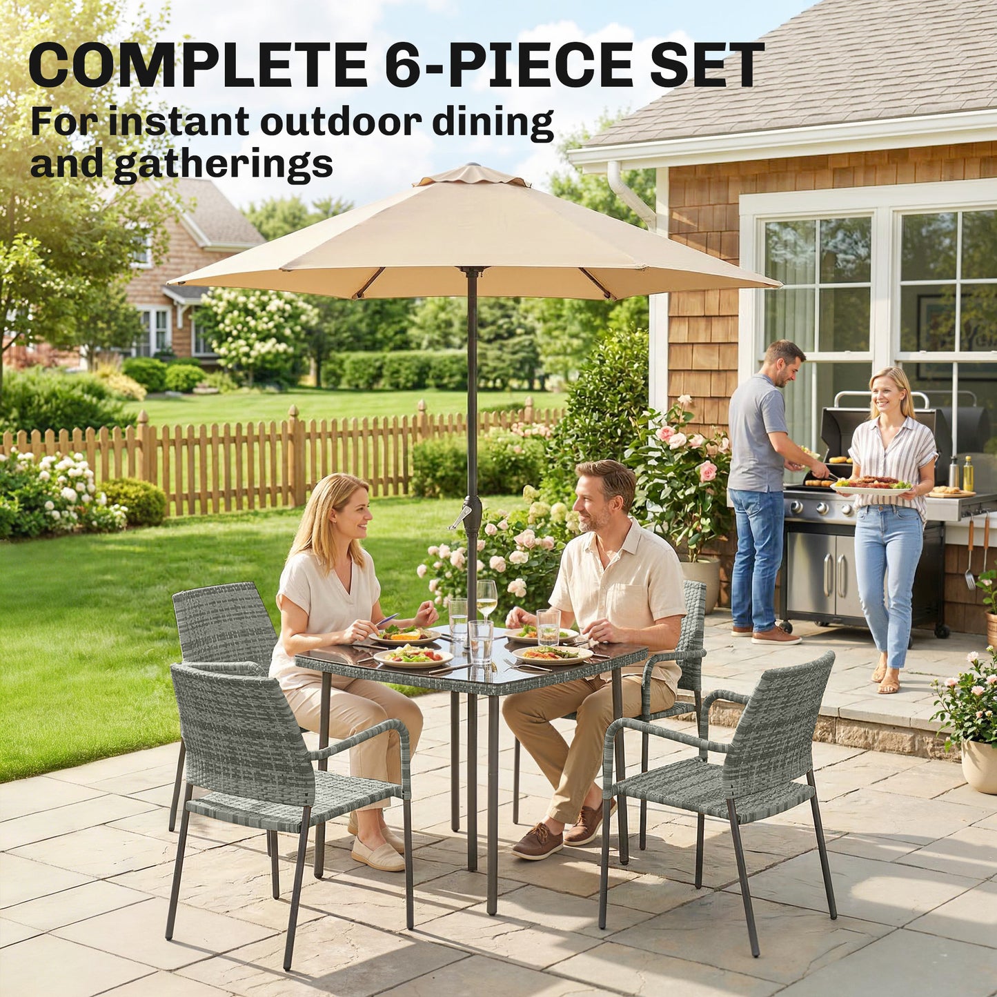 6-Piece Rattan Garden Dining Set with Parasol | 4 Stackable Chairs | Tempered Glass | Light Grey