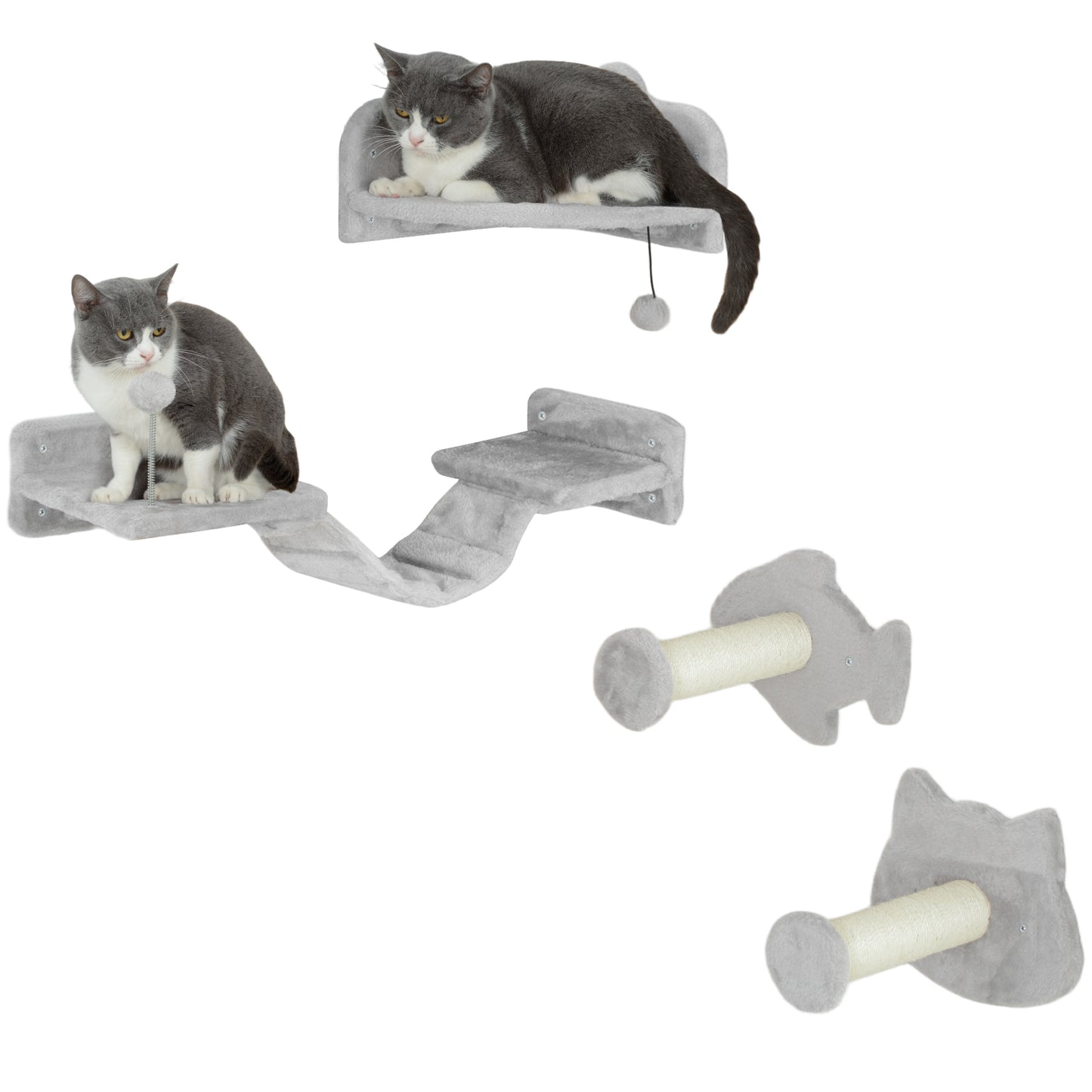 PawHut 4 Piece Cat Wall Shelves W/ Steps, Ladder, Jumping Platforms, Light Grey
