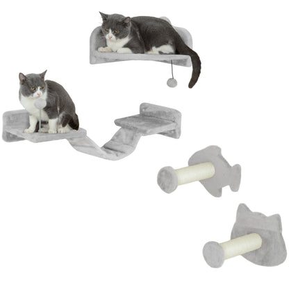 PawHut 4 Piece Cat Wall Shelves W/ Steps, Ladder, Jumping Platforms, Light Grey