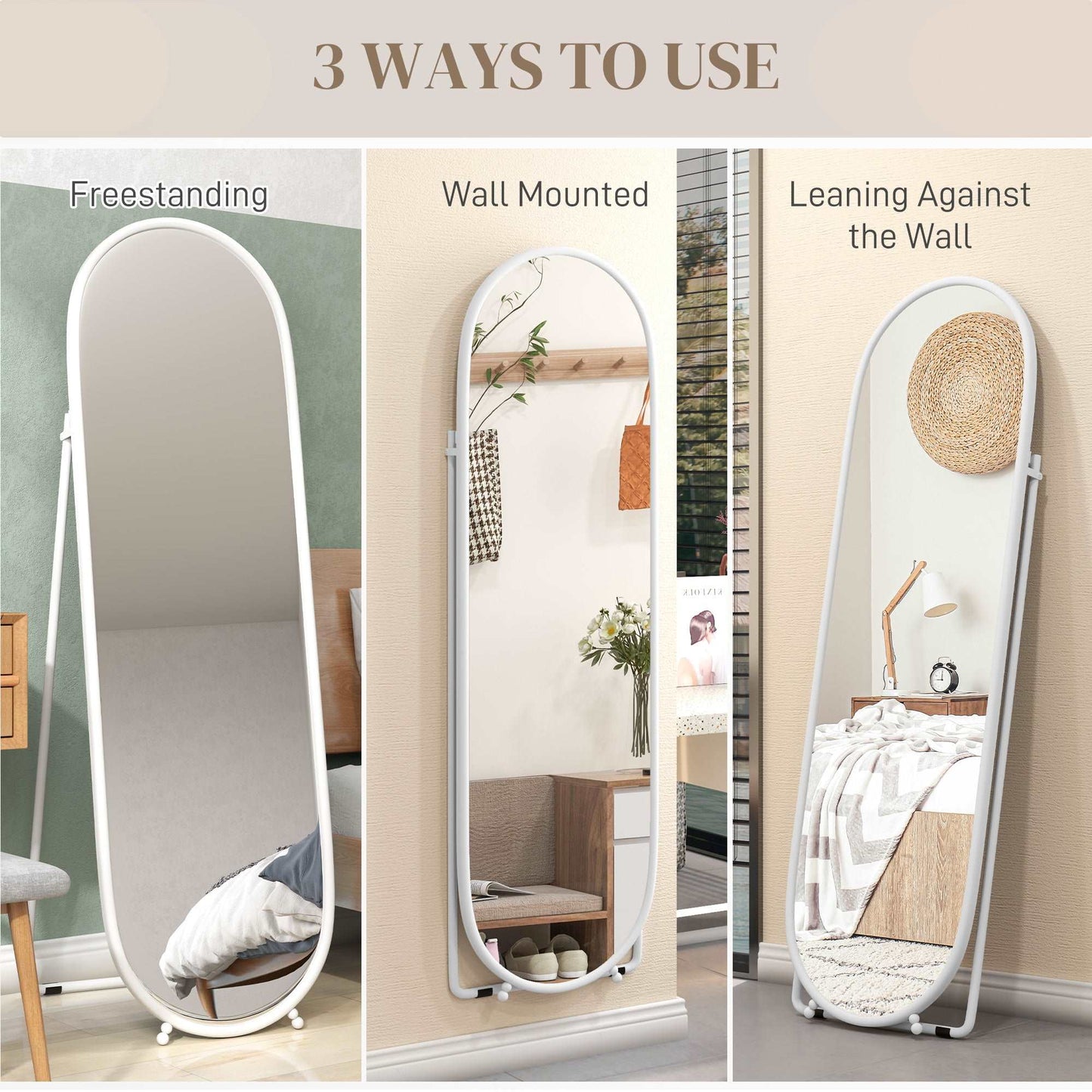 40 x 160cm Full Length Mirror, Floor Standing, Wall-Mounted or Leaning Against Wall Tall Mirror with Support Frame, Oval Full Body Mirror for Bedroom, Living Room, White