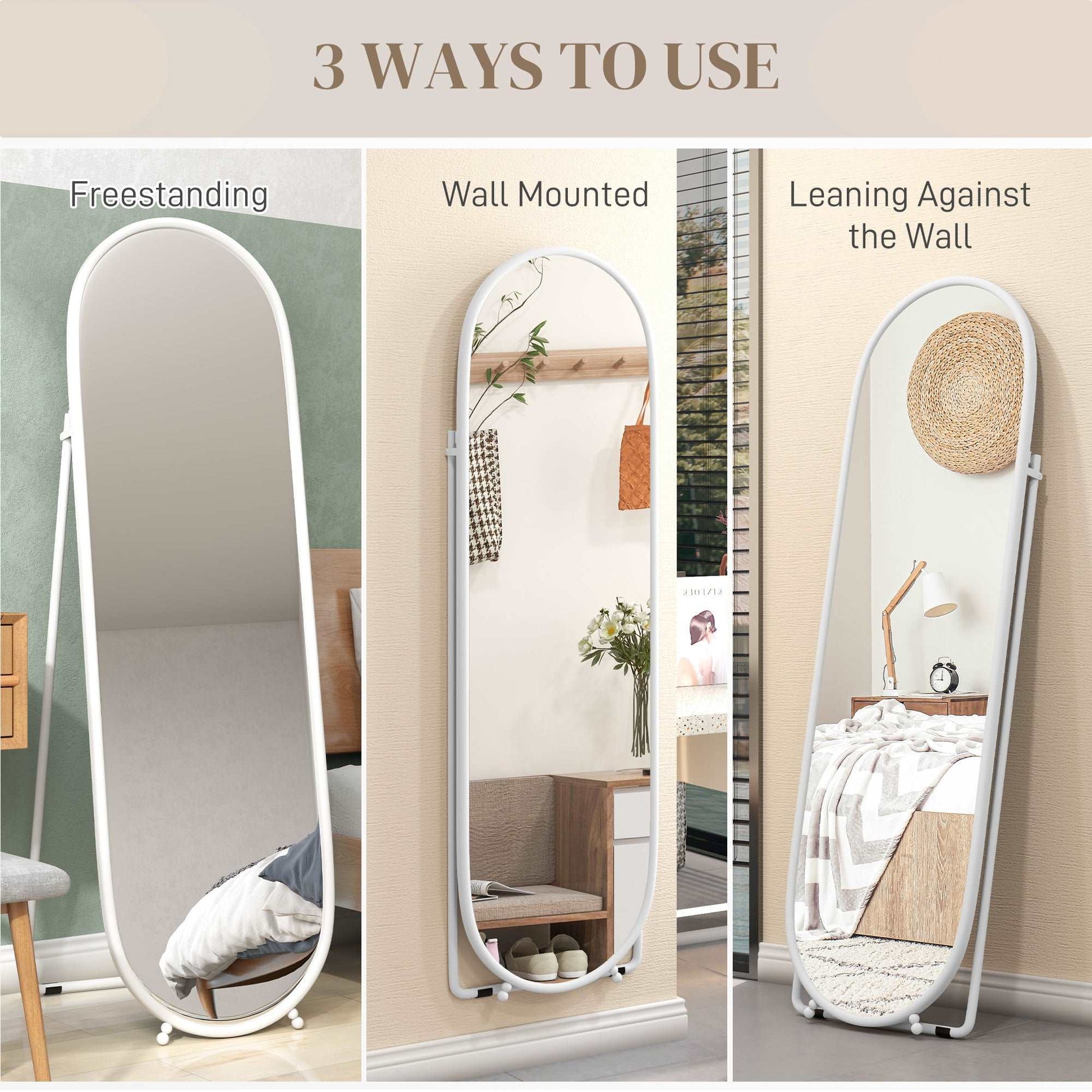 40 x 160cm Full Length Mirror, Floor Standing, Wall-Mounted or Leaning Against Wall Tall Mirror with Support Frame, Oval Full Body Mirror for Bedroom, Living Room, White