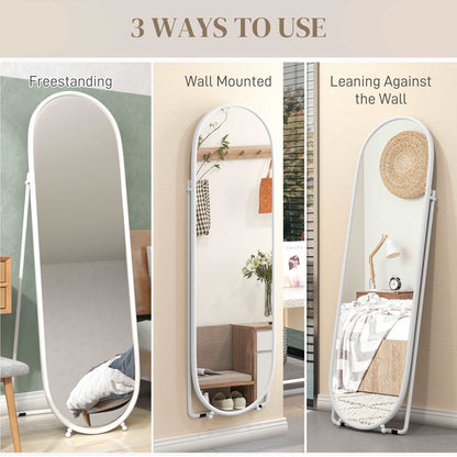 40 x 160cm Full Length Mirror, Floor Standing, Wall-Mounted or Leaning Against Wall Tall Mirror with Support Frame, Oval Full Body Mirror for Bedroom, Living Room, White