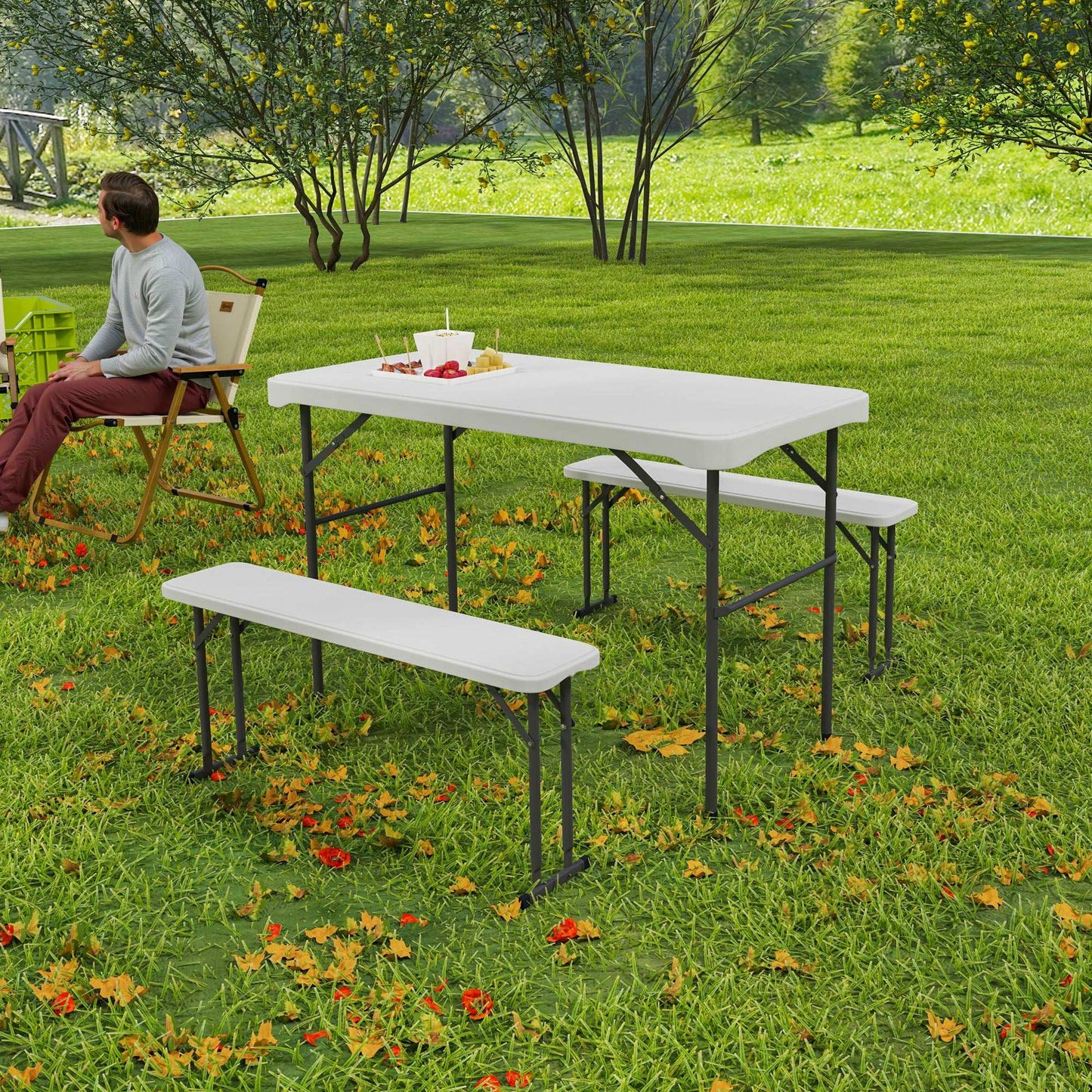 3 Piece 4ft Folding Picnic Table and Bench Set, Portable HDPE Camping Table and Chairs with Carrying Handle, Dining, Camping, Picnic, BBQ, Party, Light Grey