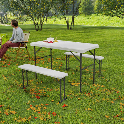 3 Piece 4ft Folding Picnic Table and Bench Set, Portable HDPE Camping Table and Chairs with Carrying Handle, Dining, Camping, Picnic, BBQ, Party, Light Grey