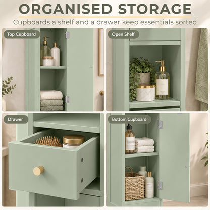 Slim Tall Bathroom Cabinet | 185H x 20W x 20D cm | 2 Arched Doors, Drawer & Adjustable Shelves | Light Green