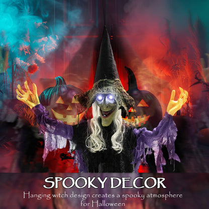 183 cm Life Size Halloween Animated Hanging Witch with Glowing LED Eyes, Spooky Witch Scary Halloween Decorations, Battery Operated, Indoor Party Props