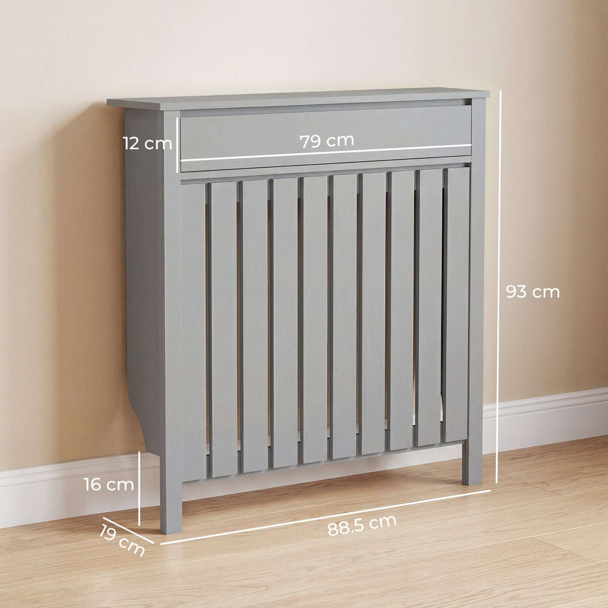 MDF & Particle Board Radiator Cover with 1 Drawer | Vertical Slats | Flat Top Display Surface | Wall Mountable | Pre-Cut Outs | 14kg Capacity | 88.5x19x93cm | Grey
