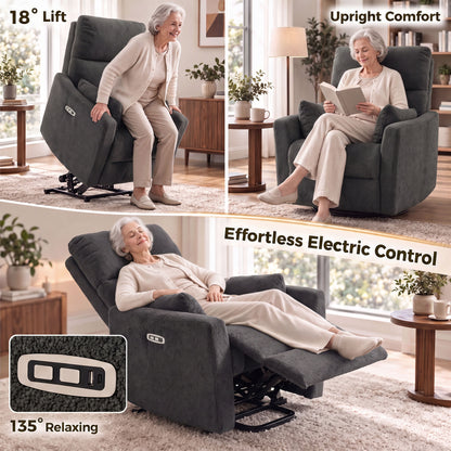 Riser Recliner Chair | 18° Power Lift & 135° Recline | 8-Point Massage & Lumbar Heat | Pocket Spring Teddy Fleece | 12cm Seat Cushion | USB-A & USB-C | Remote | 120kg | 160–200cm | Dark Grey