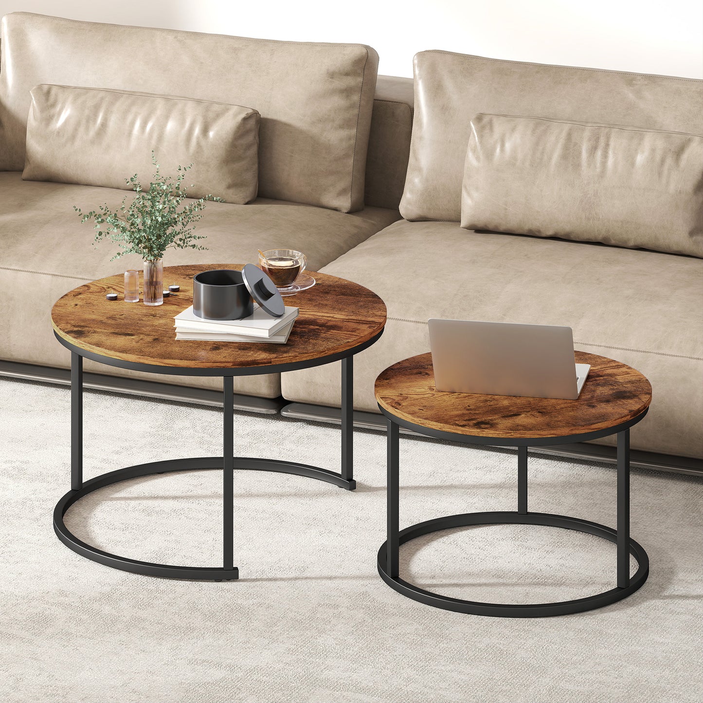 Coffee Table Set of 2, Round Nest of Tables with Metal Frame, Modern Side Tables for Living Room, Rustic Brown