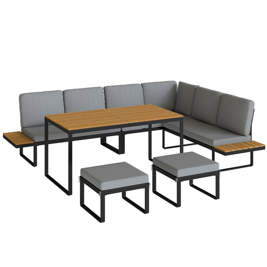 6-Piece Modular Garden Sofa Set | Dining Table | 8cm Cushions | Seats 6-8 | Grey