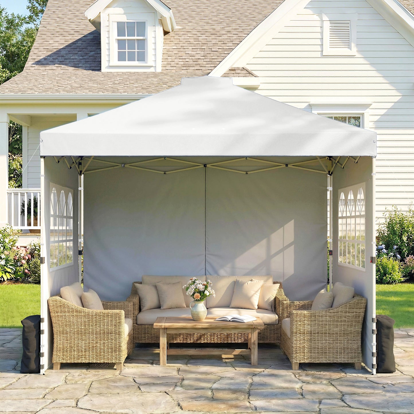 3x3m Pop-Up Canopy Gazebo | UPF50+ Waterproof 210D Oxford Fabric | 3 Detachable Sidewalls | 2 Church Windows | 2 Top Vents & 8 Drainage Holes | 3-Height Steel Frame to 285cm | 4 Guy Ropes & 12 Stakes | Wheeled Carry Bag | White