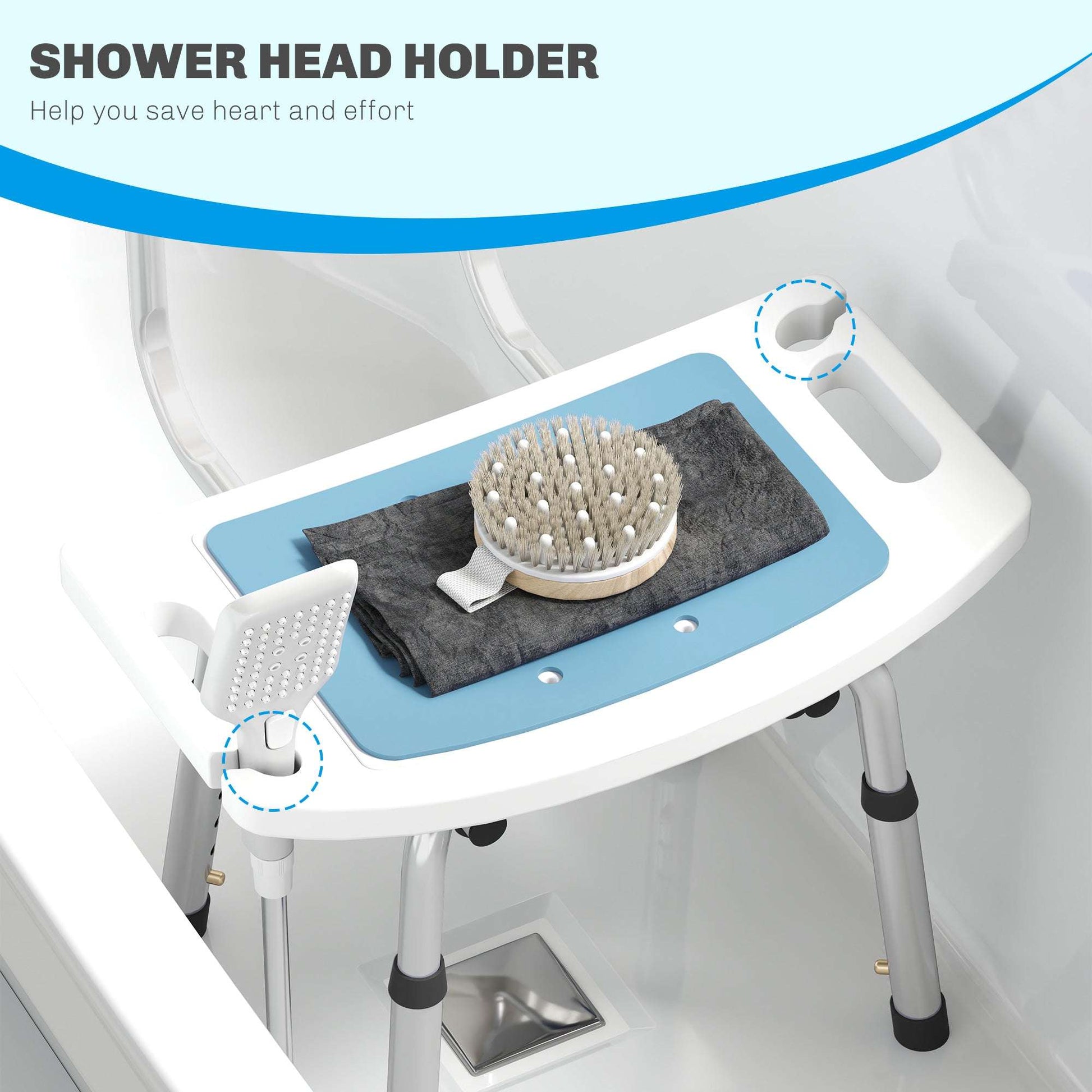 Shower Stool with Backrest, Height Adjustable Chair with Anti-slip Foot Pads And Shower Head Holder, Light Blue