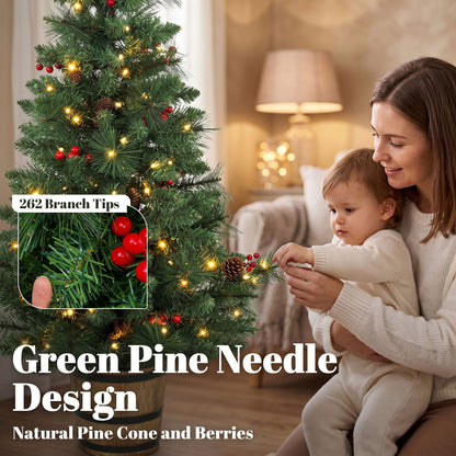 Set of 2 Pre-Lit Christmas Trees | Green PVC Steel | 120cm 4ft | 100 LEDs Warm White Multicolour | 11 Modes Remote | Pine Cones Berries | Battery Operated | Barrel Pot Base | Flame Retardant