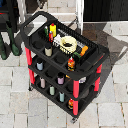 3-Tier Rolling Tool Cart, Tool Trolley on Wheels, Plastic Mobile Service Utility Cart W/ Handles for Garage, Mechanics and Warehouse, 91kg Capacity