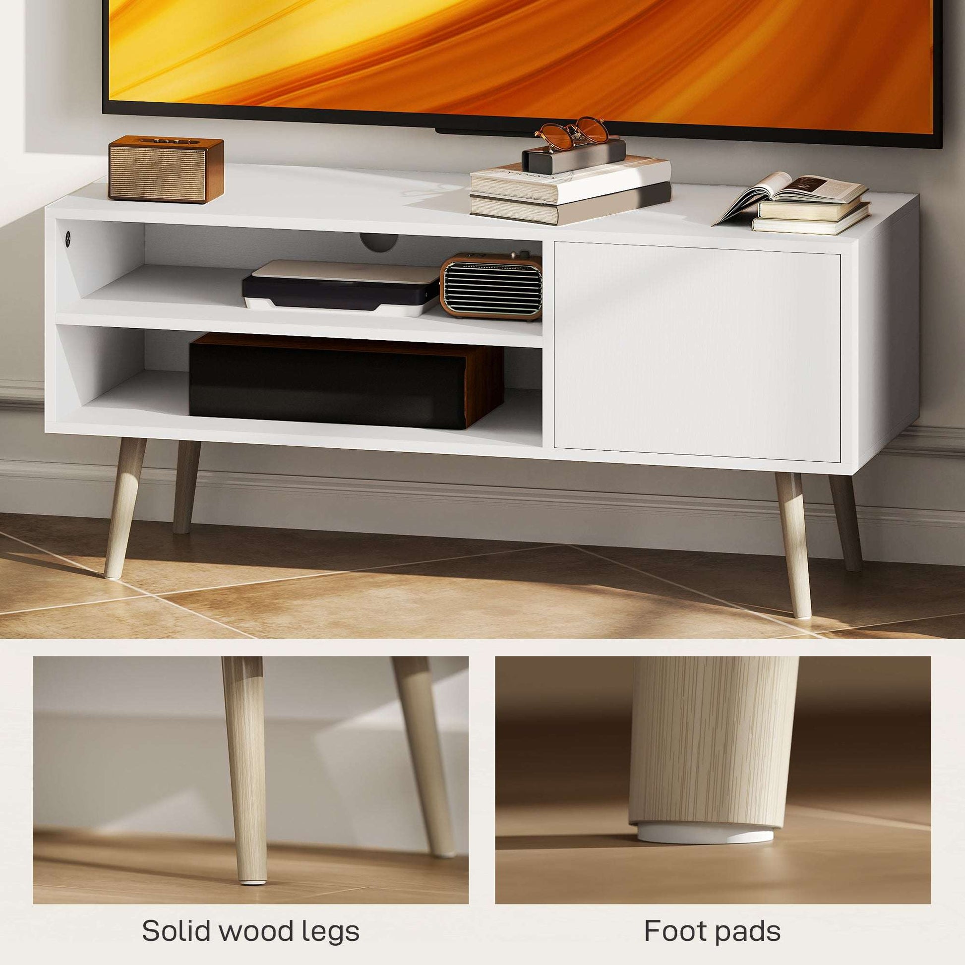 TV Stand up to 55 Inches, TV Unit with Open Shelves and Cable Holes - White / Brown