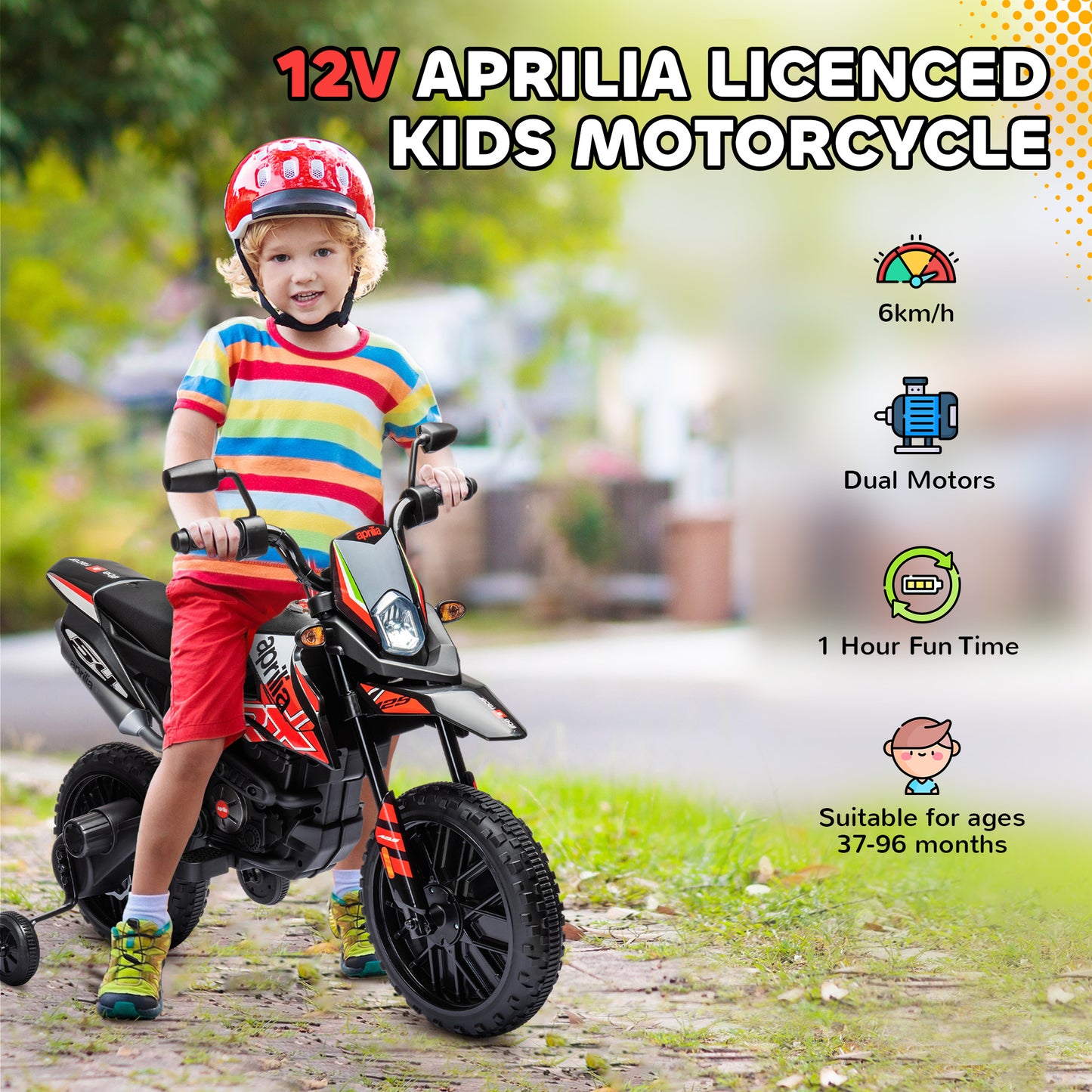 AIYAPLAY 12V Aprilia Licenced Kids Motorbike with Training Wheels, Spring Suspension, LED Light, USB, Music, Red / Yellow
