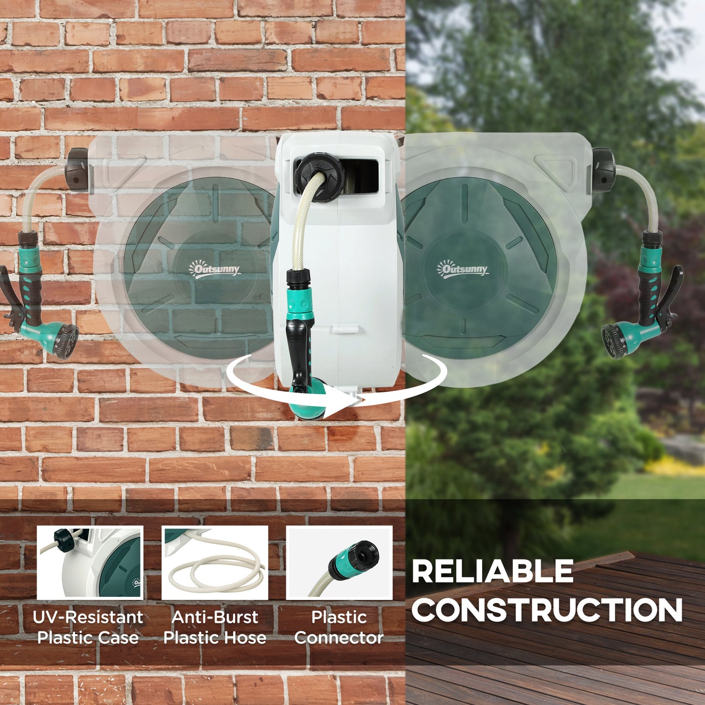 Wall Mounted Retractable Garden Hose Reel | 30+2m | Auto Rewind & Lockable | 7-in-1 Spray Nozzle | 180° Swivel | UV-Resistant PP | 8 Bar Working Pressure | 59x23x42cm | Grey