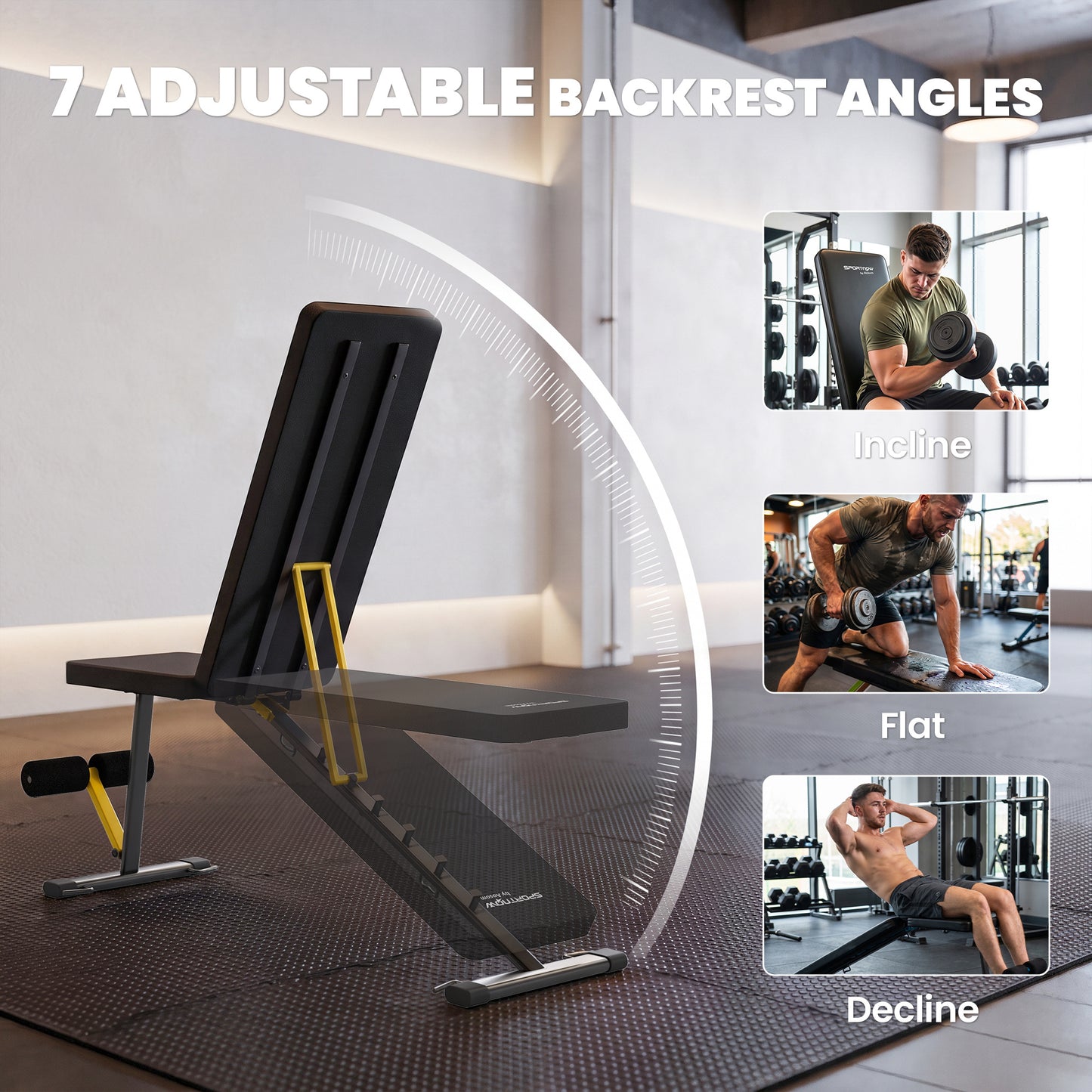Adjustable Weight Bench | 300kg Capacity | Incline Decline Flat | 7 Backrest Positions | Resistance Bands | Foldable | Yellow