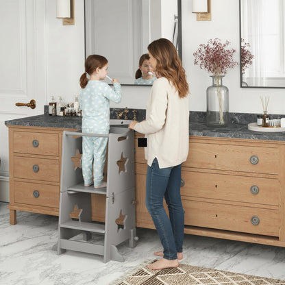 2-in-1 Toddler Step Stool & Table Chair Set | Safety Rail | Solid Pinewood & MDF | EN71 Certified | 30kg Capacity | Ages 3–6 | Kitchen Bathroom & Bedroom | Grey
