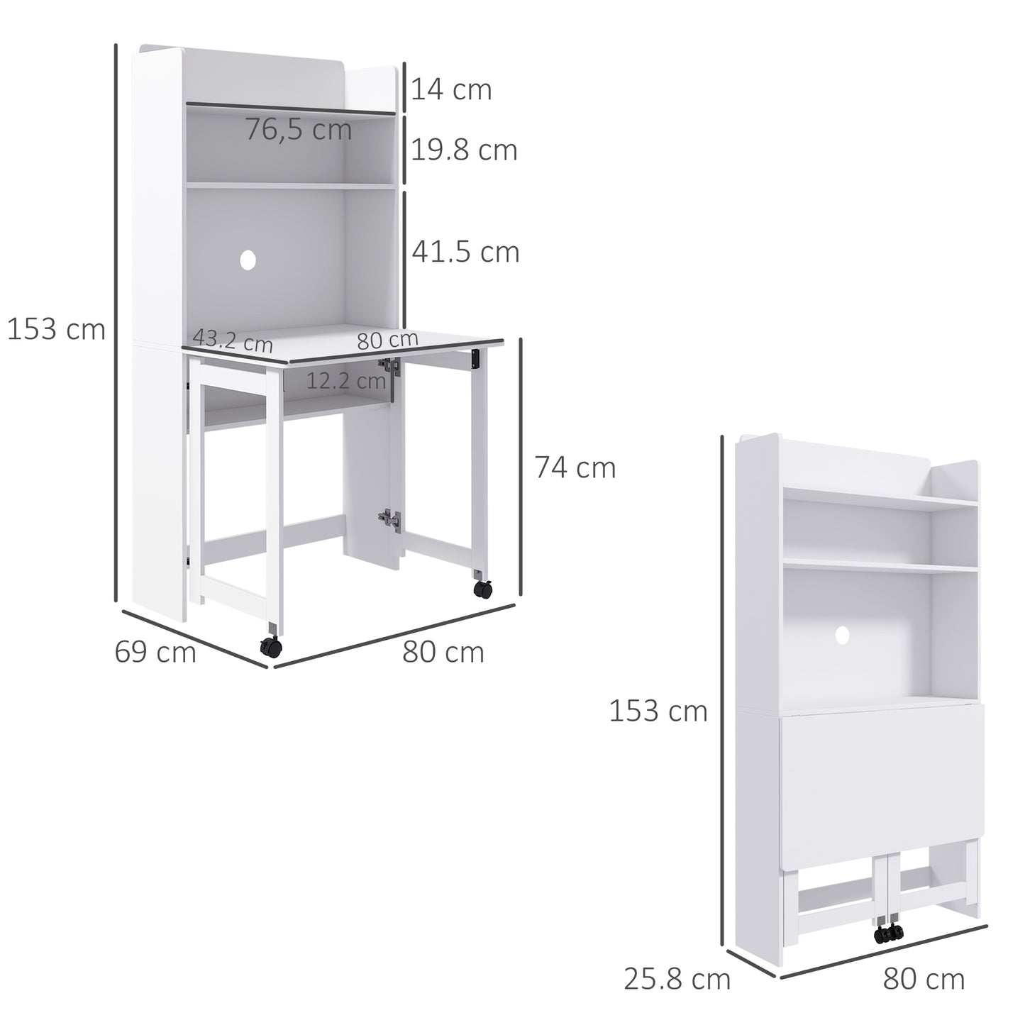 Foldable Desktop, Computer Desk with Storage Shelves, 80 x 69 x 155 cm, White