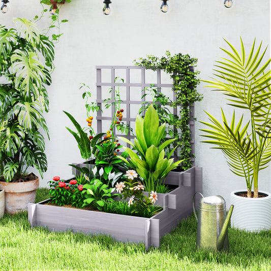 3 Tier Garden Planters with Trellis for Vine Climbing, Wooden Raised Beds, 95x95x110cm, Grey