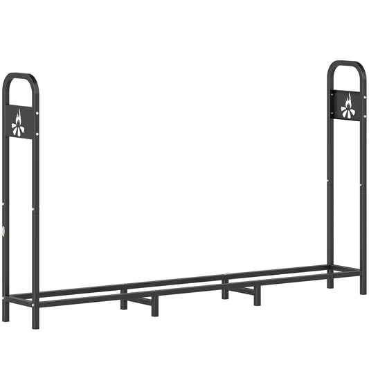 6.5 FT Steel Firewood Log Rack with 300 kg Capacity, Heavy Duty Indoor Outdoor Fireplace Wood Storage Shelf, Log Holder/Stand with Extra Support Legs, Decorative Bonfire Pattern, Black