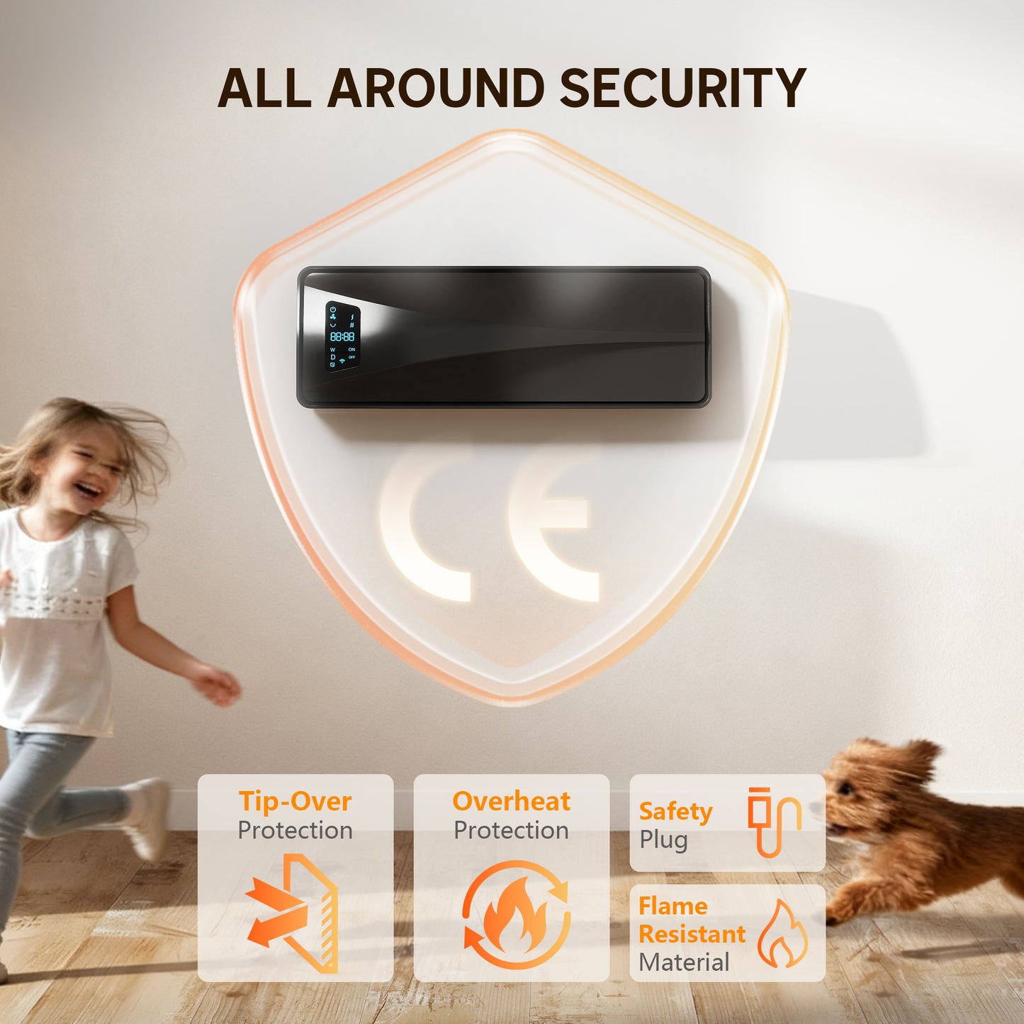 2000W Ceramic Electric Heater with Fan, Adjustable Thermostat, Wall Mounted - Black / White