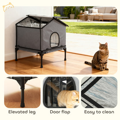 PawHut Outdoor Cat House, Waterproof Insulated Cat Kennel with Elevated Base, Foldable Feral Kitty Shelter for Kittens, Grey