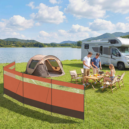 Camping Windbreaker with Clear Windows | 725x140cm | Steel Poles | 15 Stakes & 10 Guy Ropes | Beach & Caravan | Orange