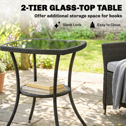 3 Piece Rattan Bistro Set | 2 Cushioned Armchairs | 2-Tier Tempered Glass Table | PE Wicker | Steel Frame | 120kg | Cream White & Black