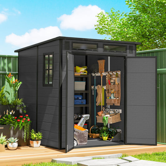 PP & Aluminium Garden Storage Shed with Floor | 3 Windows | Dual Vents | Double Doors | Lock & Keys | UV-Resistant | Water-Repellent | 40kg/m² Snow Load | 182x182x196cm | 2.89m² | Tools Bikes & BBQ | Dark Grey