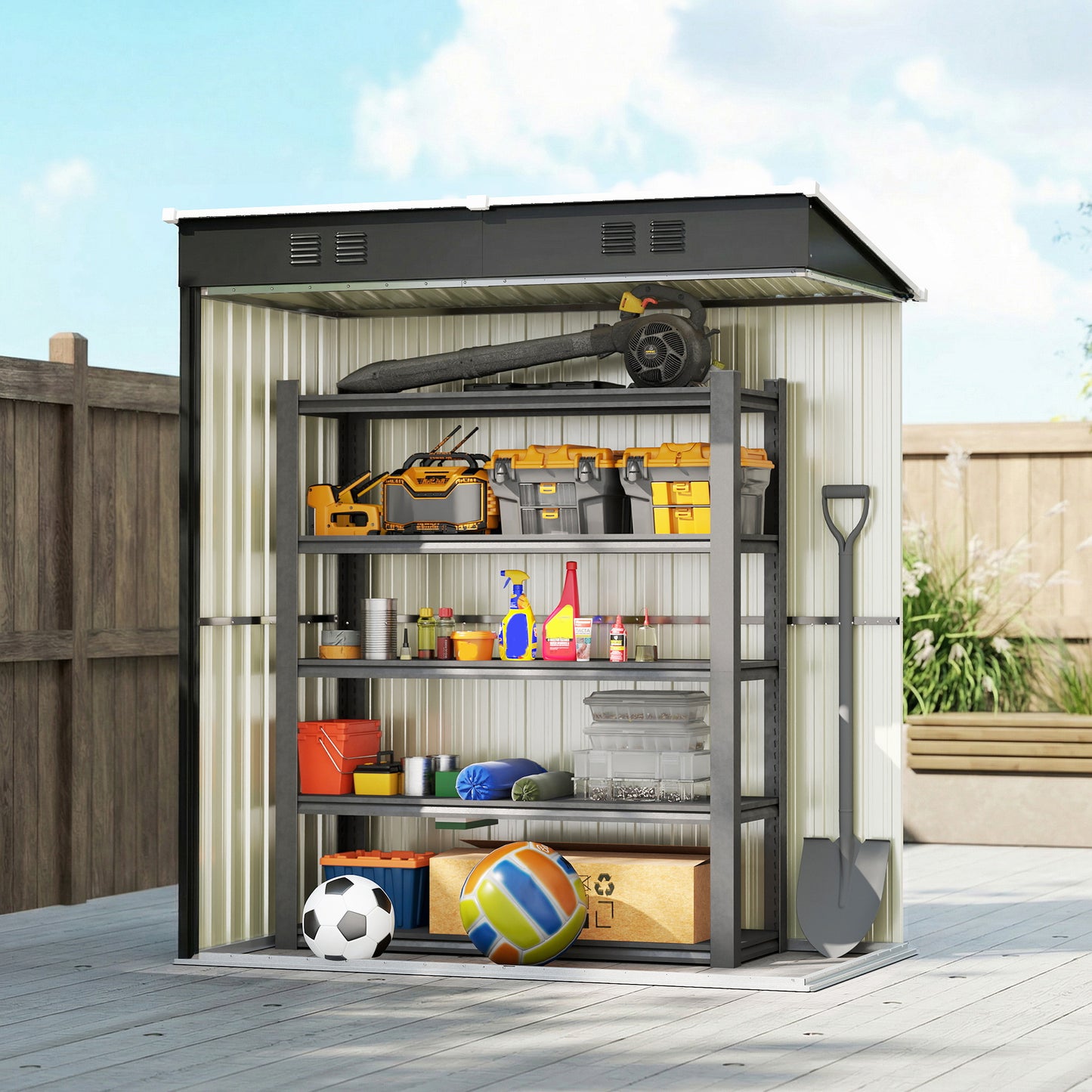 Compact Lean-To Galvanised Steel Garden Storage Shed | Lockable Door | Vent System | Sloped Roof | 20kg/㎡ Snow Load | 163x90x179cm | Patio & Flagstone | Dark Grey & White
