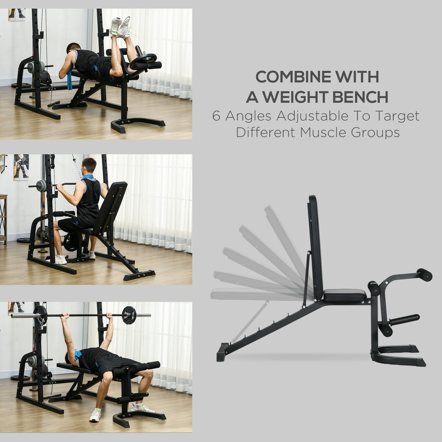 Smith Machine & Cable Pulley System with Adjustable Weight Bench, Multifunction Home Gym Power Rack with Lat Pull Down System, Barbell Rack