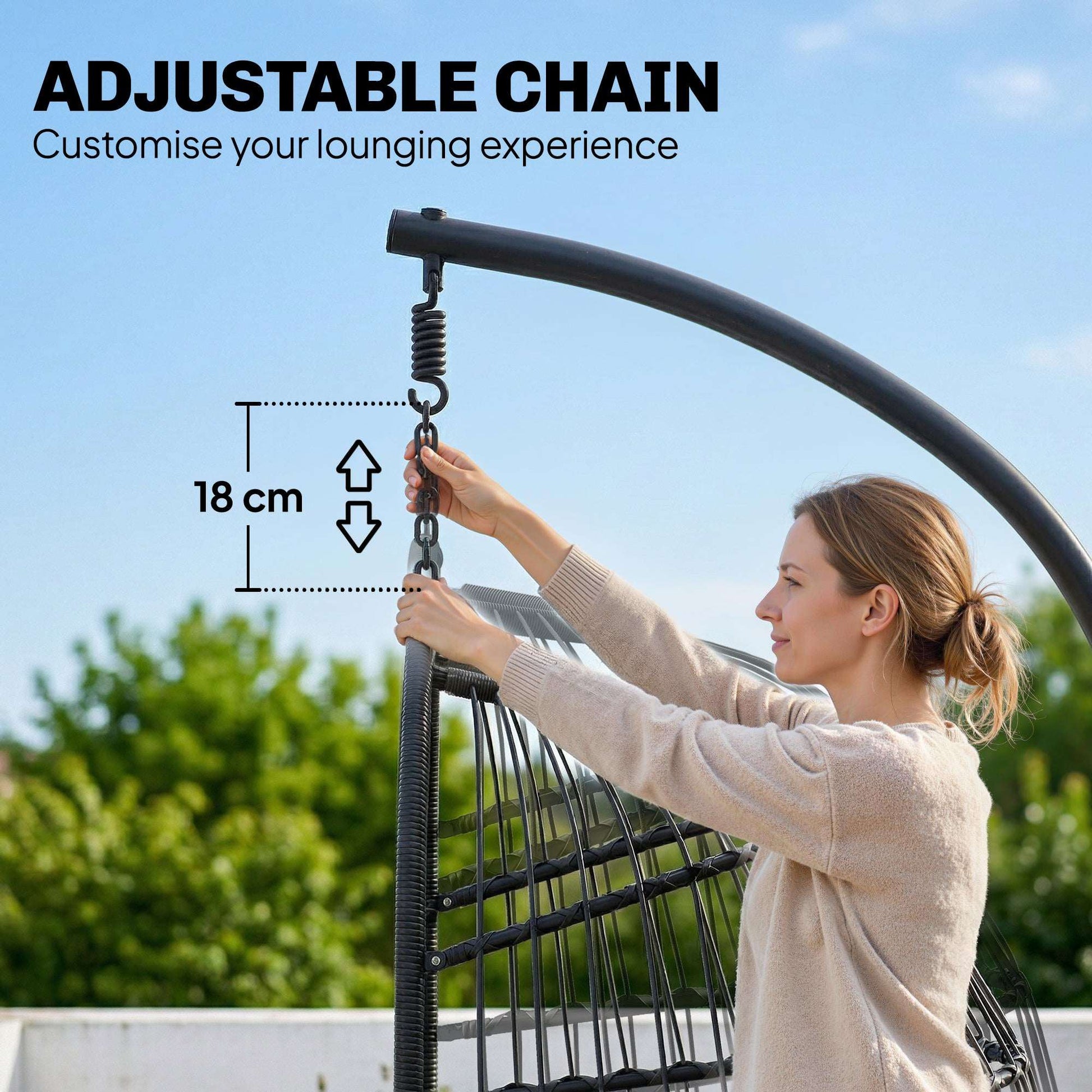 Hanging Egg Chair with Stand | 15cm Thick Cushion & Headrest | Adjustable Chain | Safety Strap | Foldable Basket | PE Rattan | 120kg | Indoor & Outdoor | Black & Cream White