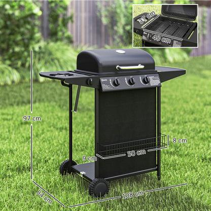 3+1 Burner Gas BBQ Grill, Portable Gas Barbecue Grill with Built-in Thermometer, Lid, Side Table, Shelf, Spice Rack, Wheels, Grease Cup for Garden