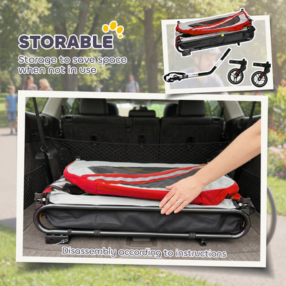 2-in-1 Dog Bike Trailer & Stroller | Mesh Windows | Plastic Curtain | Safety Harness, Flag & Reflectors | Foldable Quick-Release Wheels | Dogs up to 20kg | Red