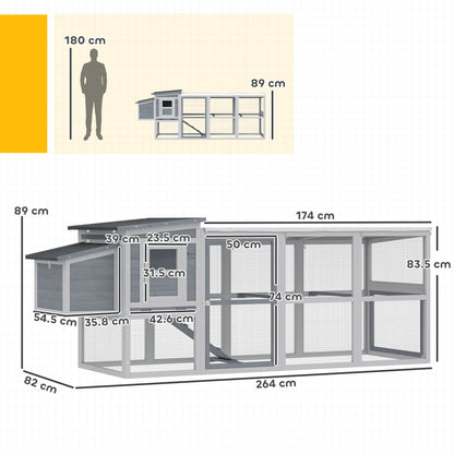 Large Chicken Coop & Hen House | 3-4 Chickens | Covered Run | Nesting Box | Pull-Out Tray | Asphalt Roof | Oxford Cover | 264cm | Grey